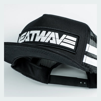 Back of Billboard Trucker Black Hat, Black mesh back with white striped panels and snap closure - Slowride Supply