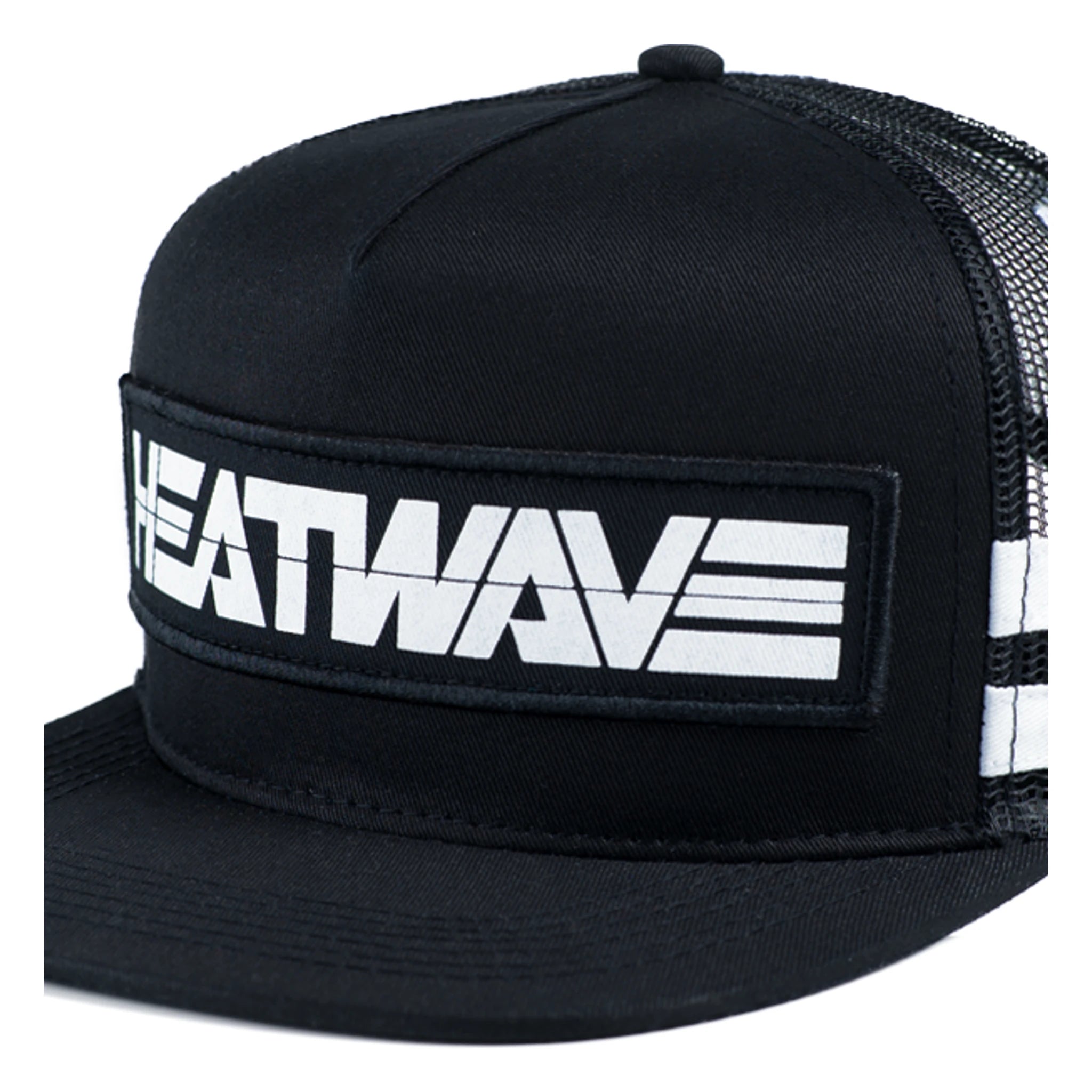 Billboard Trucker front view, Black trucker with white text stripe and mesh back panels, Black Hat - Slowride Supply