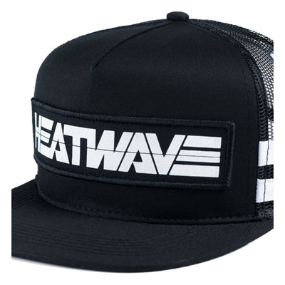 Billboard Trucker front view, Black trucker with white text stripe and mesh back panels, Black Hat - Slowride Supply
