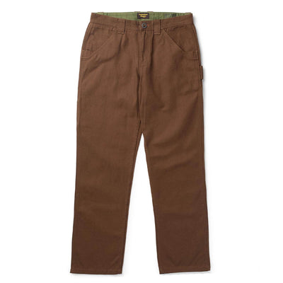 Bison Canvas Pants front view, Brown canvas work pants with green twill interior waistband and button closure, Brown Pants -