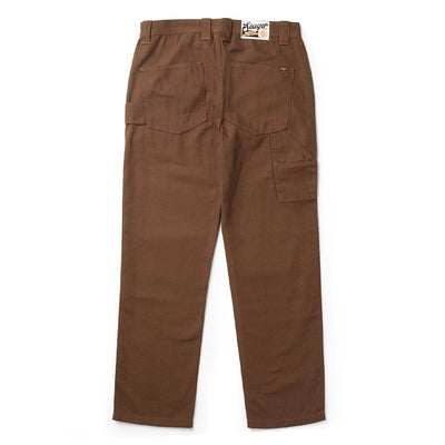 Close-up of Bison Canvas Pants Brown Pants showing Brown canvas with double rear pockets and single cargo pocket, flat lay