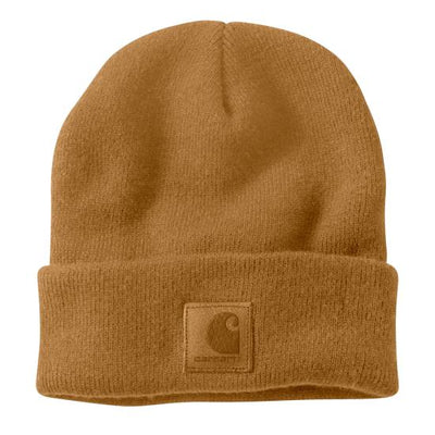 Back of Black Label Watch Black Beanie, Tan woven label with embossed square logo on cuff - Slowride Supply