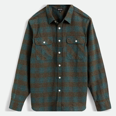 Bowery Flannel Ocean L/S Woven front view, Teal and brown horizontal stripe flannel with white pearl snap buttons and dual
