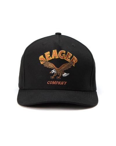 Bradley Snapback front view, Black with gold and red embroidered eagle and "Seager Company" text, Black Hat - Slowride Supply