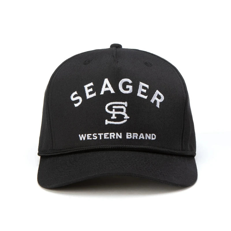 Branded Snapback front view, Black cap with white embroidered text reading "SEAGER" and "WESTERN BRAND" with intertwined
