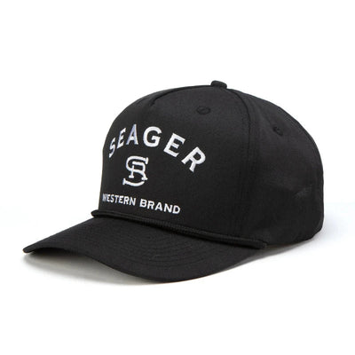Close-up of Branded Snapback Cream/brown Hat showing White embroidered text and interlocking letters on black cotton twill