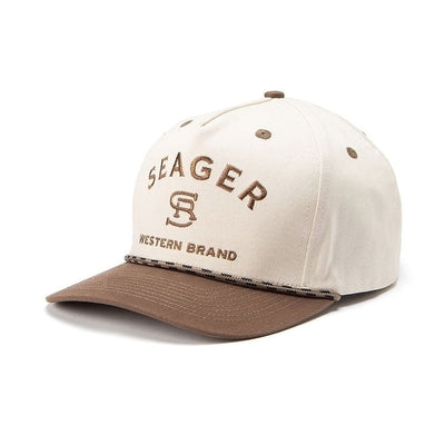 Close-up of Branded Snapback Cream/brown Hat showing Cream crown with tan embroidered text and logo, brown bill, rope trim