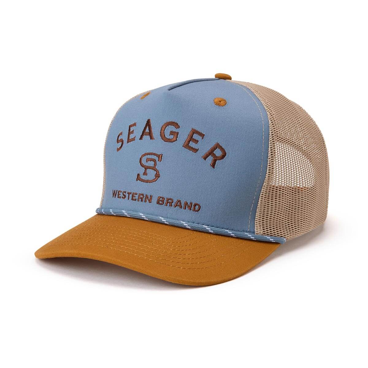Close-up of Branded Snapback Cream/brown Hat showing Mesh trucker cap with light blue front panel embroidered in rust