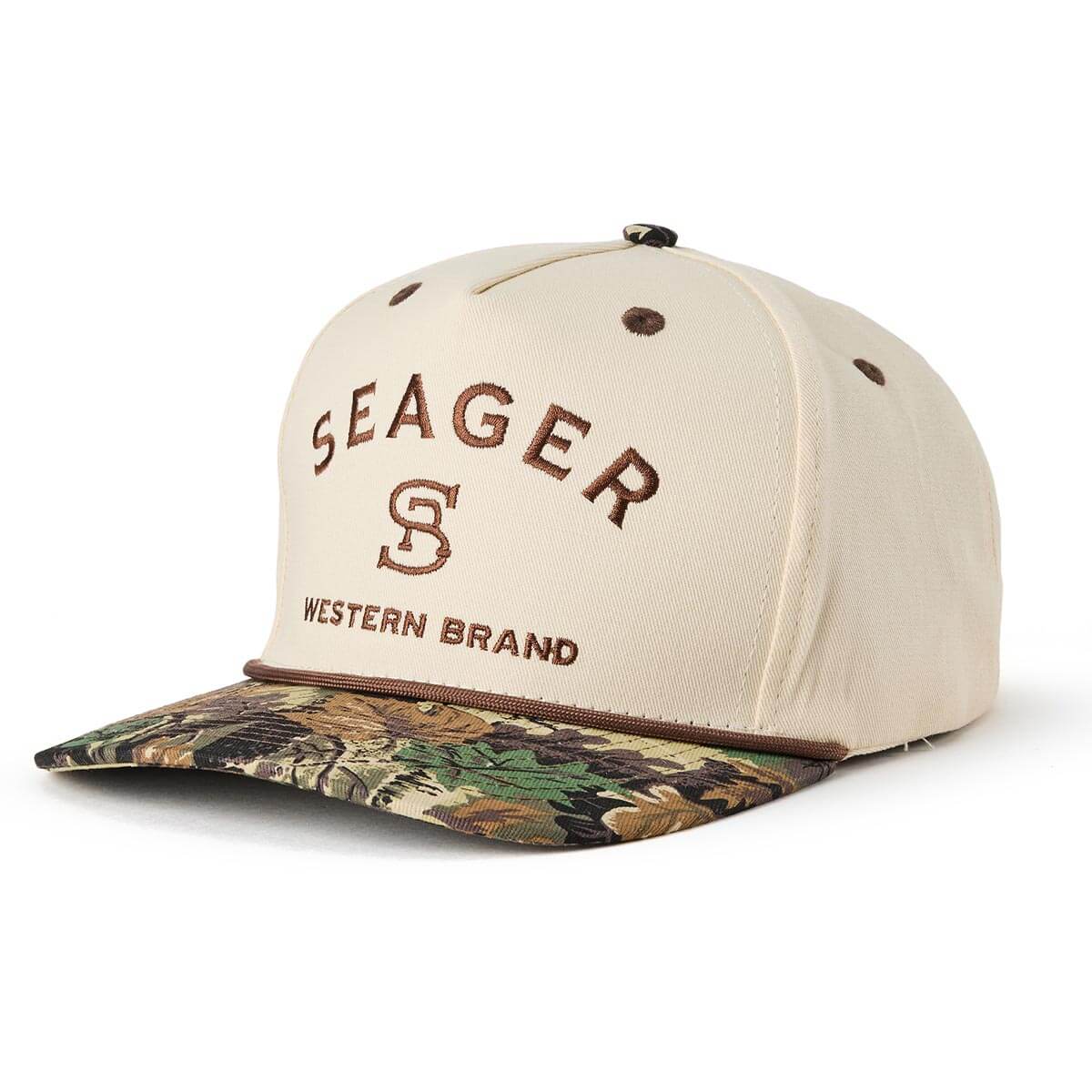 Branded Snapback Hat Apparel front view, Cream crown with brown embroidered text and logo, camo pattern visor in green and