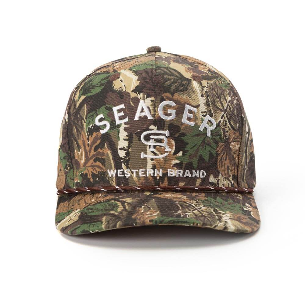 Close-up of Branded Snapback Cream/brown Hat showing Camo print with cream, green, brown and tan leaf pattern, white