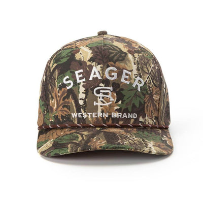Close-up of Branded Snapback Cream/brown Hat showing Camo print with cream, green, brown and tan leaf pattern, white