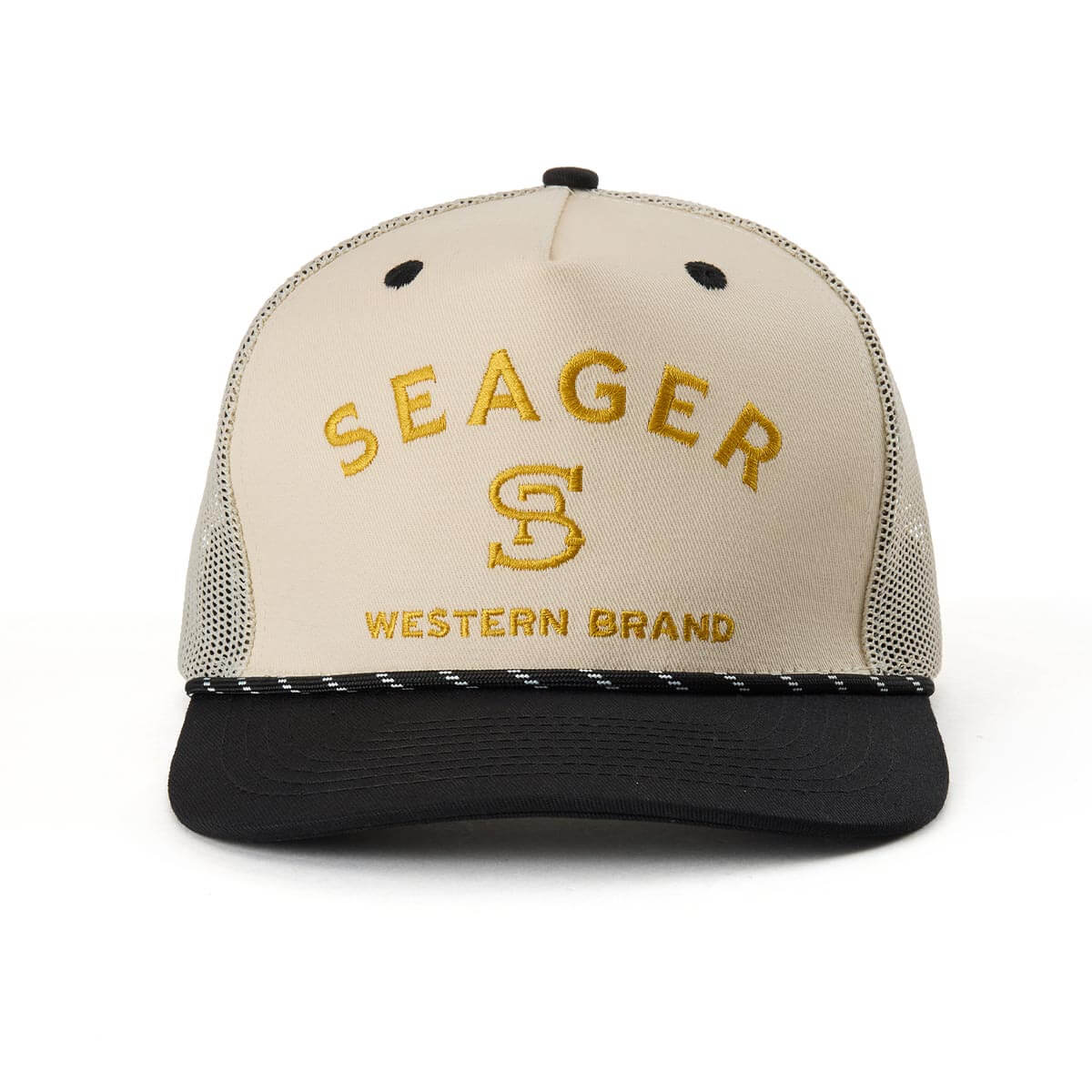 Close-up of Branded Snapback Hat Apparel Cream/Camo Apparel showing Cream front panel with gold embroidered "SEAGER" text
