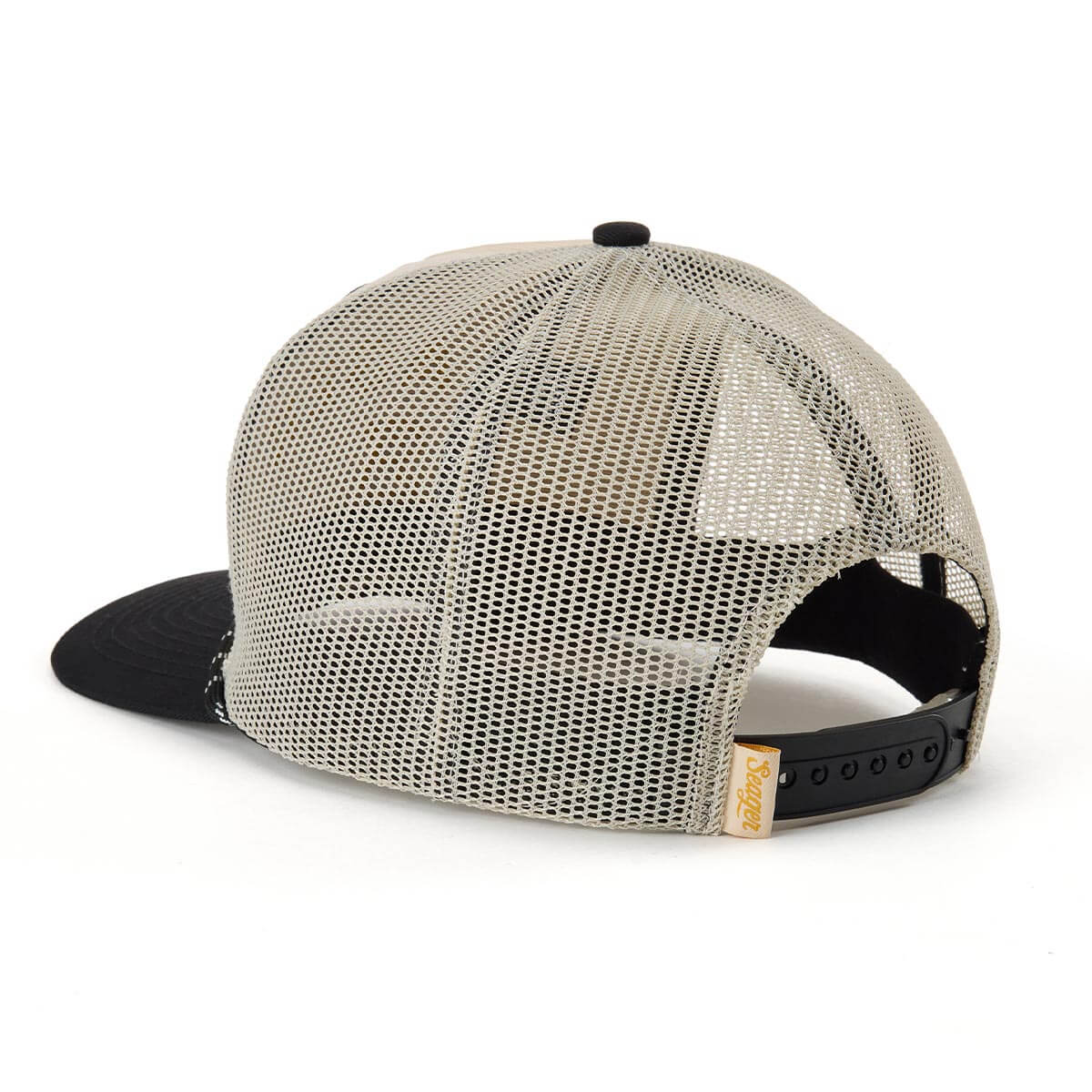 Close-up of Branded Snapback Hat Apparel Cream/Camo Apparel showing Cream mesh back panels with black snapback closure and