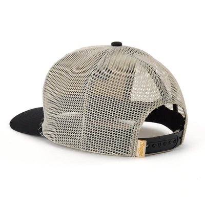 Close-up of Branded Snapback Hat Apparel Cream/Camo Apparel showing Cream mesh back panels with black snapback closure and