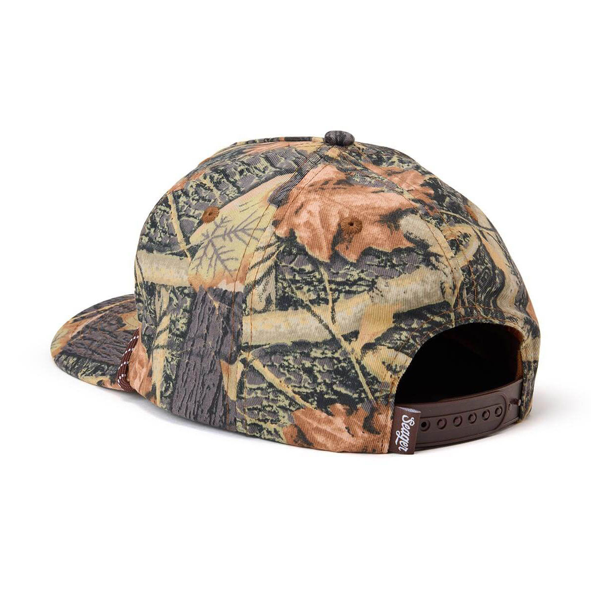Close-up of Branded Snapback SJC Hat Apparel Camo Apparel showing Camo snapback with tan, rust, and black leaf pattern
