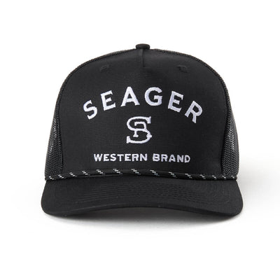 Branded Trucker front view, Black trucker cap with white embroidered "SEAGER" text, monogram logo, and "WESTERN BRAND"