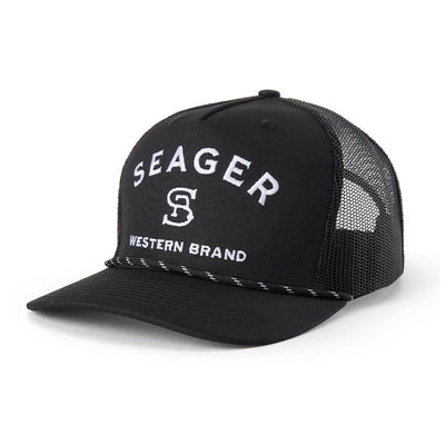 Close-up of Branded Trucker Black/Black Hat showing Black mesh back trucker cap with white embroidered text and logo on