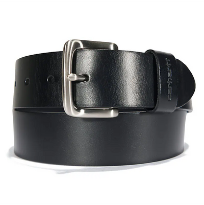 Bridle Leather Classic Buckle Belt Accessory front view, Black leather belt with brushed silver rectangular buckle and
