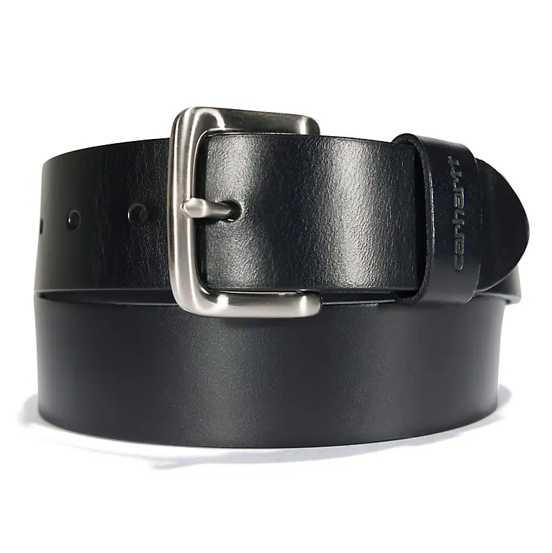 Bridle Leather Classic Buckle Belt Accessory front view, Black leather belt with brushed silver rectangular buckle and