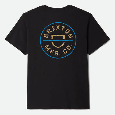 Crest II front view, Black with gold circular crest graphic, blue border and smiley face motif, Black/copper/medium Blue Tee