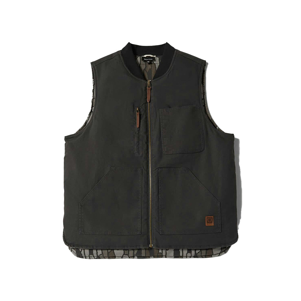 Back of Builders Abraham Vest Bark Camo Vest Vest, Camo patterned lining visible at hem with brown leather zip pull detail