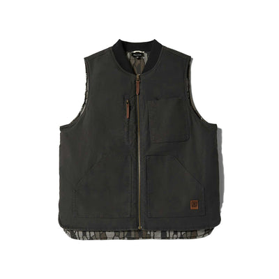 Back of Builders Abraham Vest Bark Camo Vest Vest, Camo patterned lining visible at hem with brown leather zip pull detail