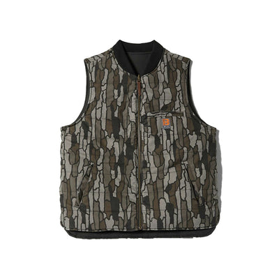Builders Abraham Vest Bark Camo Vest front view, Bark camouflage pattern in tan, brown, and black with black trim and orange