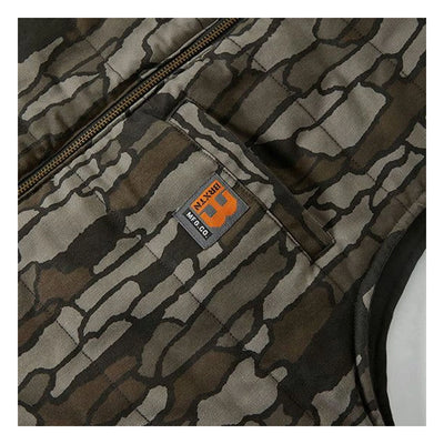 Care label on Builders Abraham Vest Bark Camo Vest Vest showing Small woven label with orange graphic and text on dark