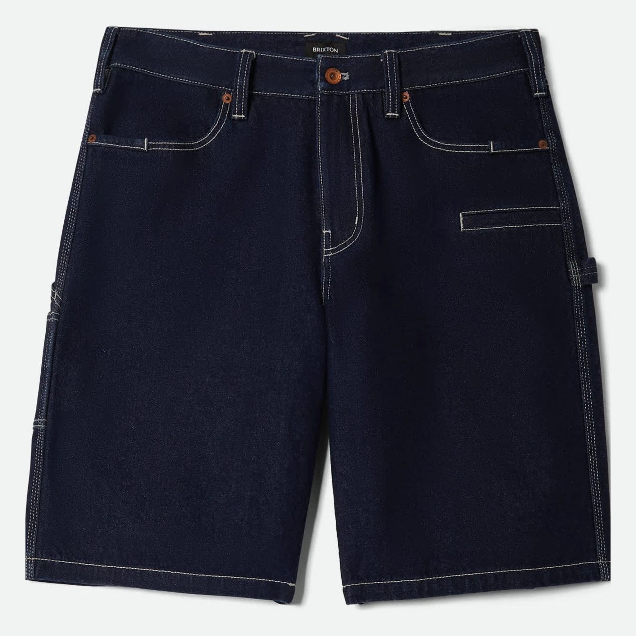 Builders Carpenter Baggy Short Rinse Denim Shorts front view, Dark indigo denim with cream contrast stitching and copper
