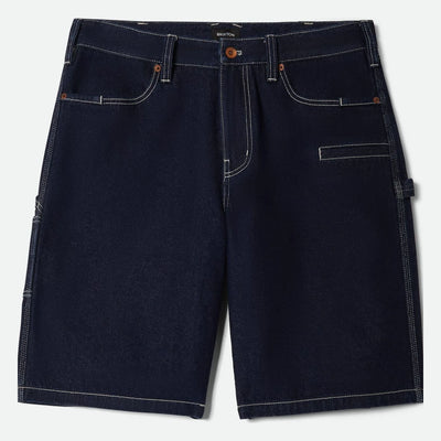 Builders Carpenter Baggy Short Rinse Denim Shorts front view, Dark indigo denim with cream contrast stitching and copper
