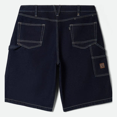 Close-up of Builders Carpenter Baggy Short Rinse Denim Shorts Shorts showing Rinse denim with contrast cream stitching
