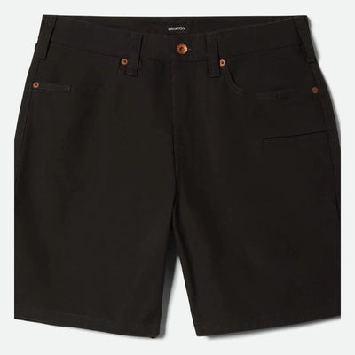 Builders Carpenter Baggy Short Shorts front view, Black with copper rivets and five-pocket construction, Washed Black Shorts