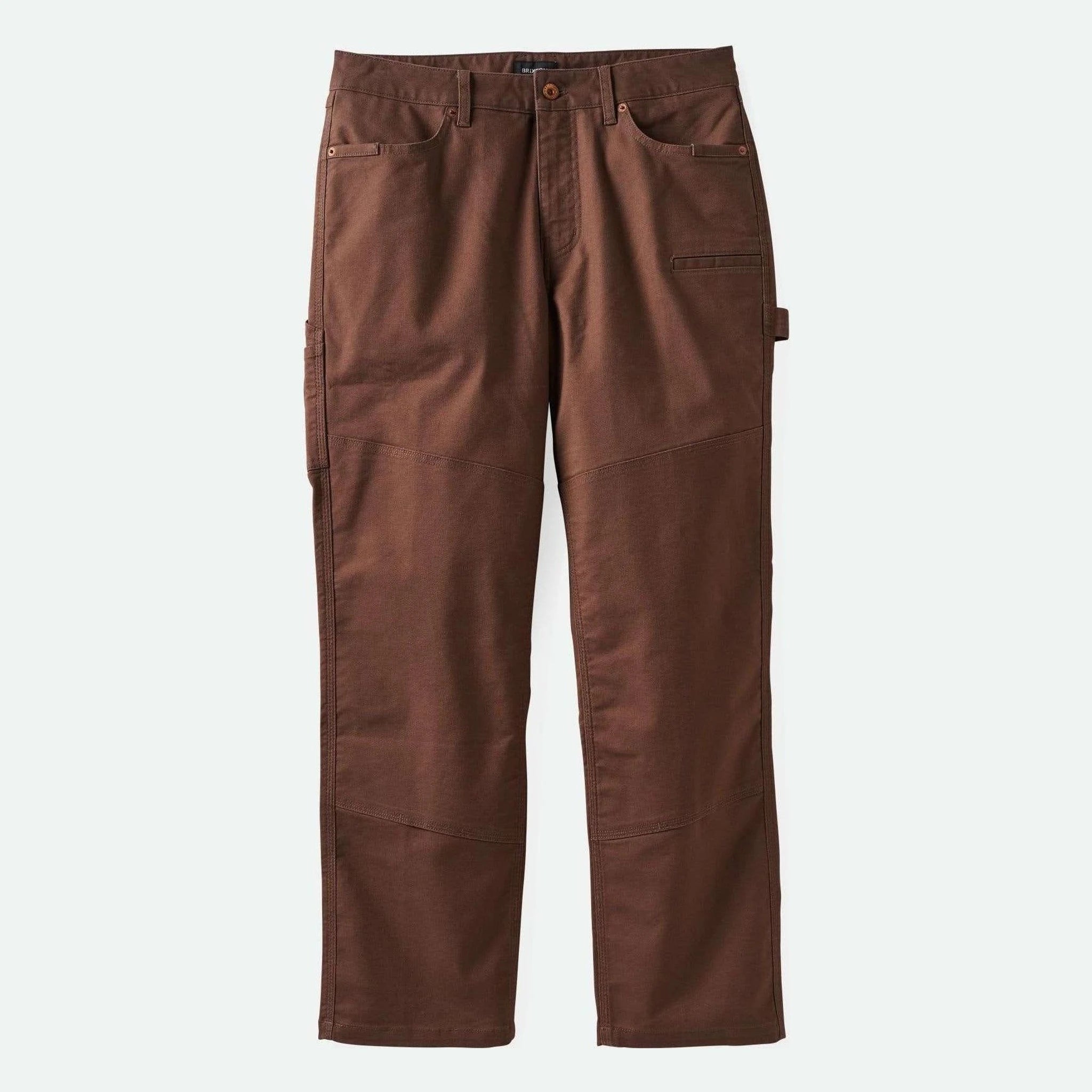 Close-up of Builders Carpenter Pant Pants Washed Black Pants showing Brown canvas work pants with double-stitched seams and
