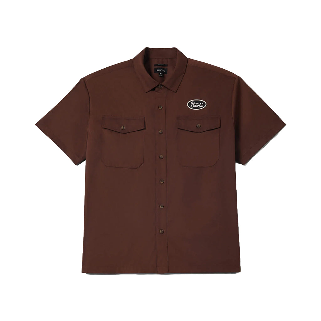 Builders Olson S/s Woven Apparel front view, Chocolate brown with white oval logo embroidered on chest, Chocolate Apparel -