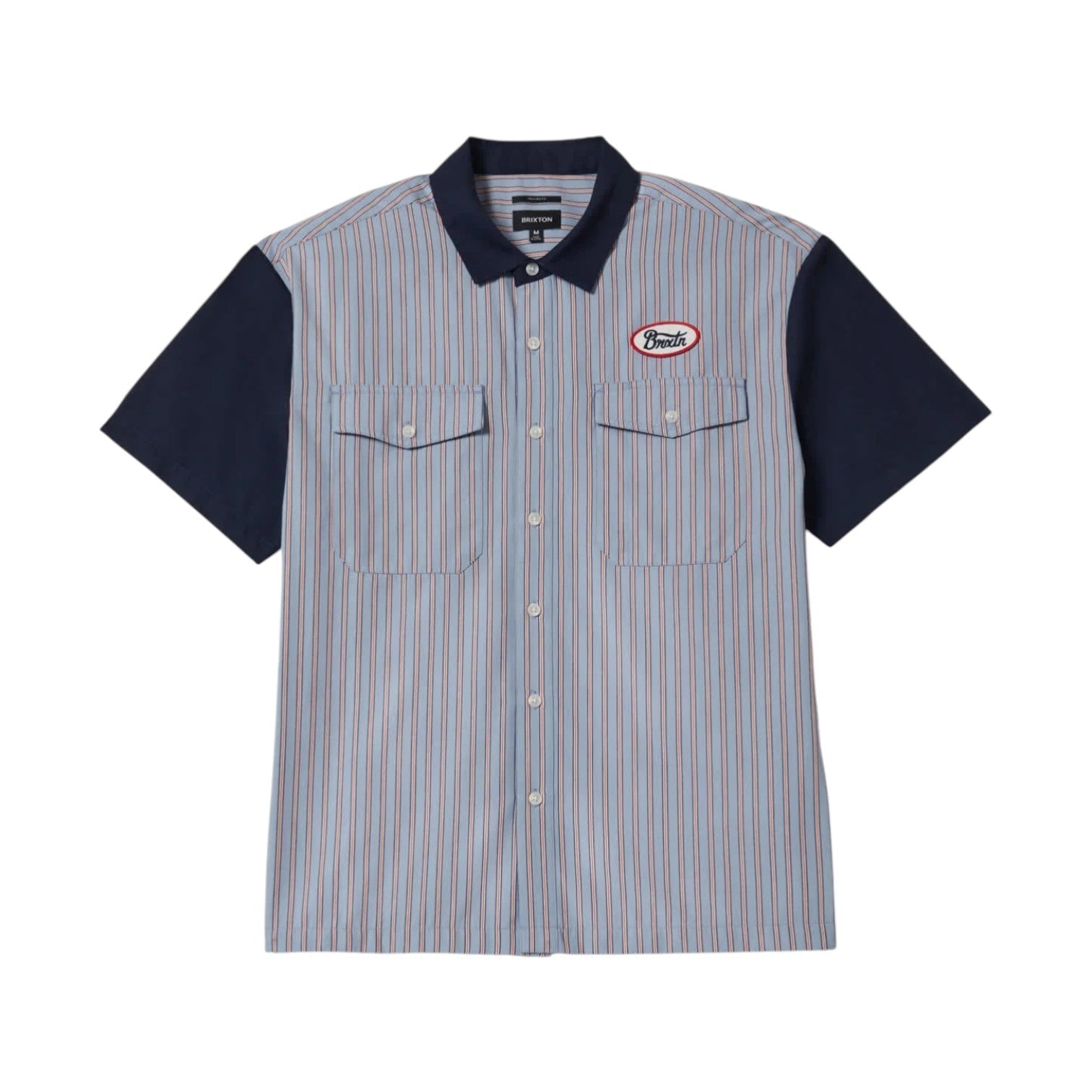 Builders Olson S/s Woven Apparel front view, Blue and red pinstripe front with navy collar and sleeves, oval chest logo with