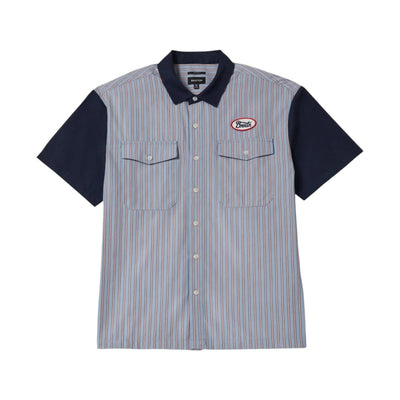 Builders Olson S/s Woven Apparel front view, Blue and red pinstripe front with navy collar and sleeves, oval chest logo with