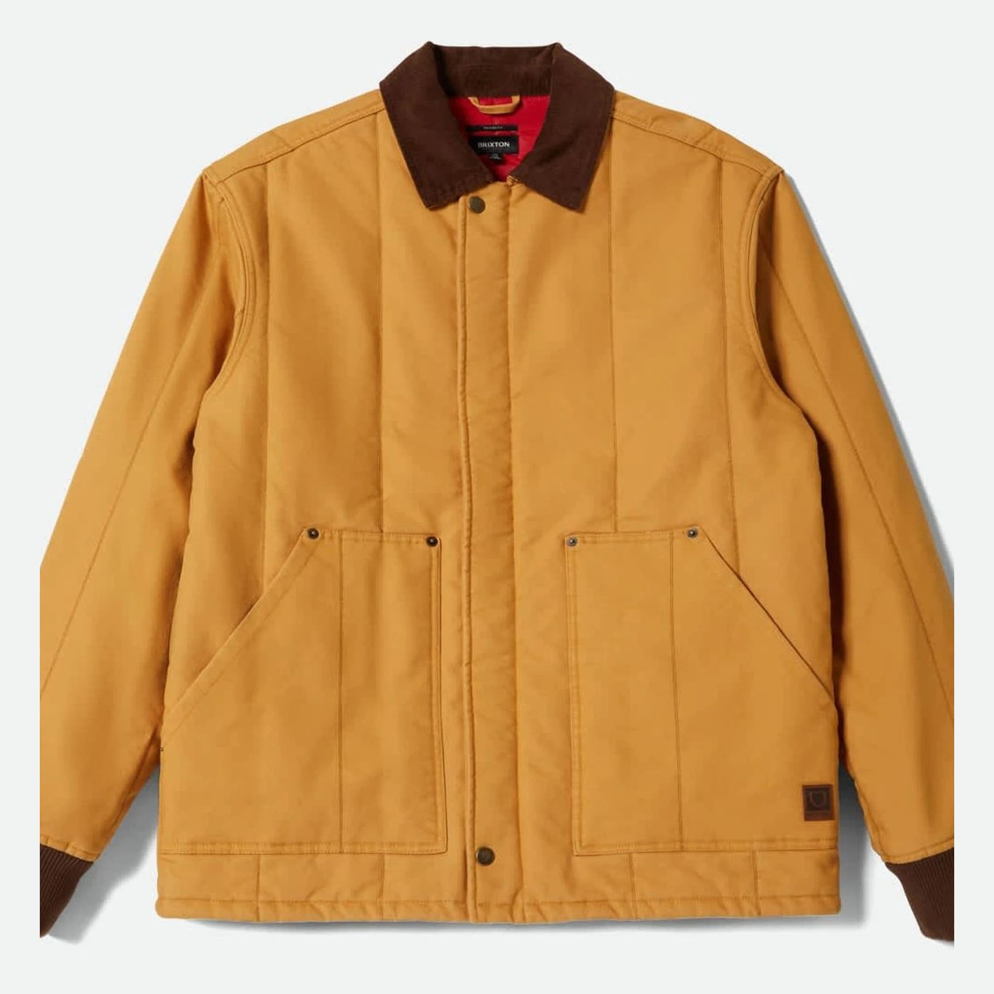 Builders Ranch Jacket Spruce front view, Gold canvas with brown corduroy collar, cuffs and trim, dual chest pockets with