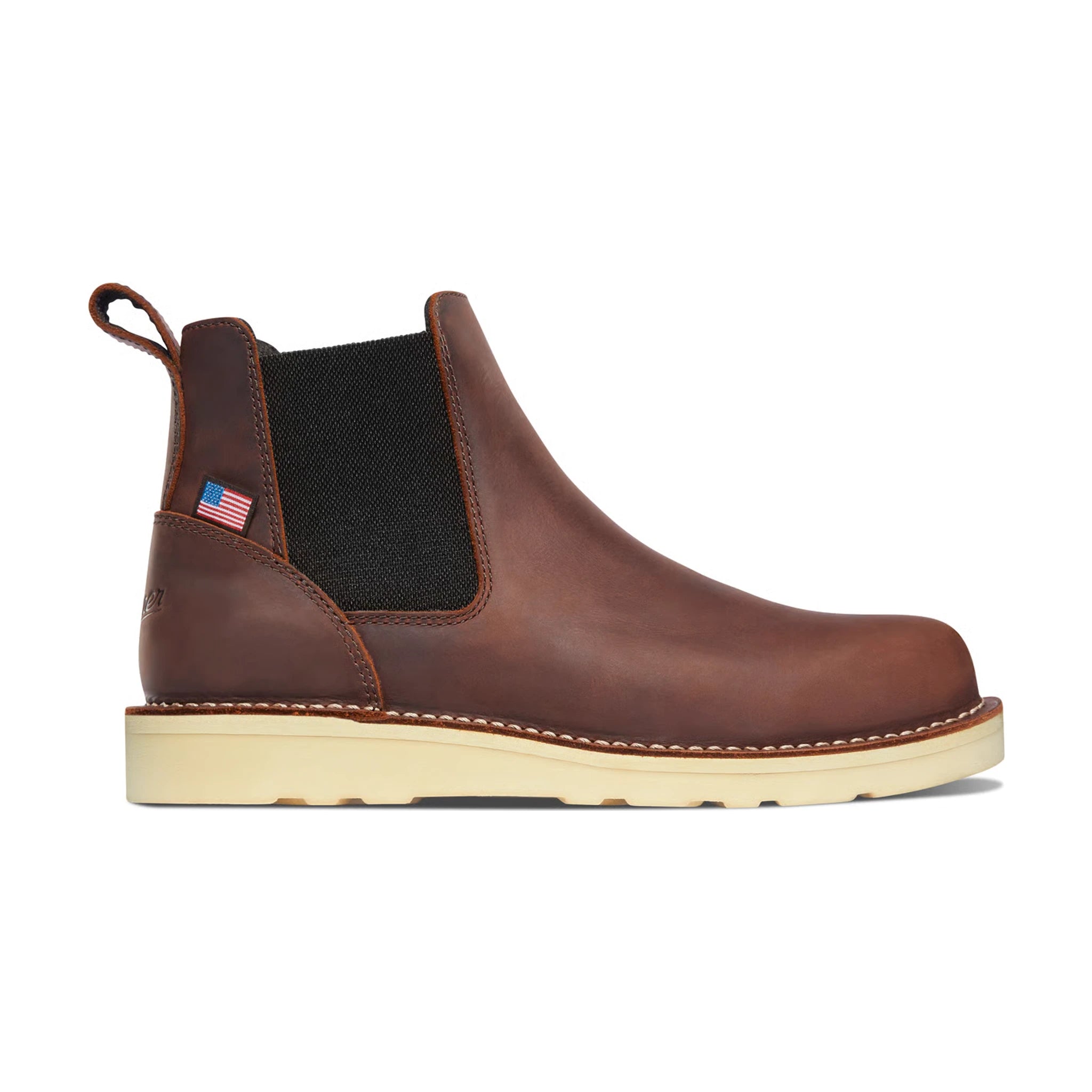 Bull Run Chelsea Brown Wedge 6" ST Boots front view - Brown leather chelsea boot with cream wedge sole and charcoal elastic