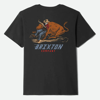 Bulldogger front view, Black with cowboy-and-bull graphic in rust, tan and blue, text below reading "COMPANY" in red, Black