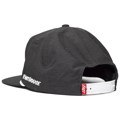 Back of Burner Black Hat, White snapback strap with red woven label patch and white text on side - Slowride Supply