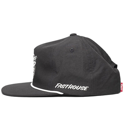 Close-up of Burner Black Hat showing White embroidered graphic on side, white piping trim along bill, red label patch on