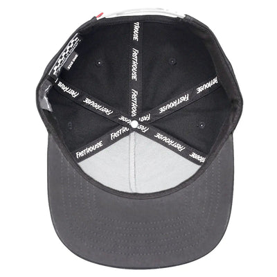 Close-up of Burner Black Hat showing White text repeated on black fabric adjuster strap with metal snap closure - Slowride