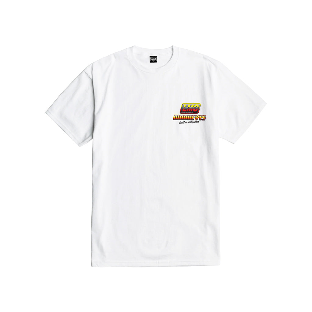 Close-up of Burnout White Tee showing White tee with small yellow and red logo graphic on chest, text reading "Built in