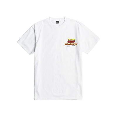 Close-up of Burnout White Tee showing White tee with small yellow and red logo graphic on chest, text reading "Built in