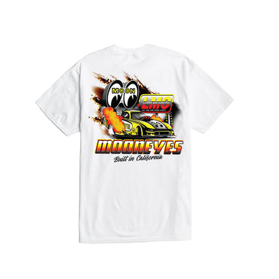 Burnout front view, White with yellow dragster and flaming moon eyes graphic, "Mooneyes" text in orange and yellow gradient,