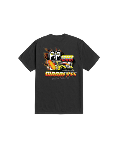Back of Burnout White Tee, Black with yellow and red drag racing graphic featuring Moon brand wheels, yellow hot rod, and