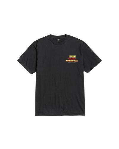 Close-up of Burnout White Tee showing Black tee with small yellow and red speed shop graphic on chest - Slowride Supply