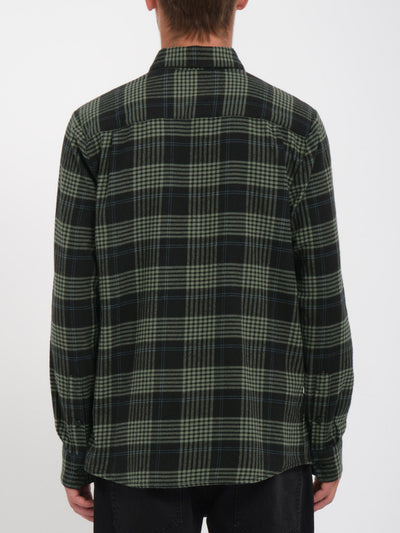Back of Caden Plaid L/S Woven Dark Olive L/S Woven, Dark olive and black large plaid pattern with fine striping throughout -