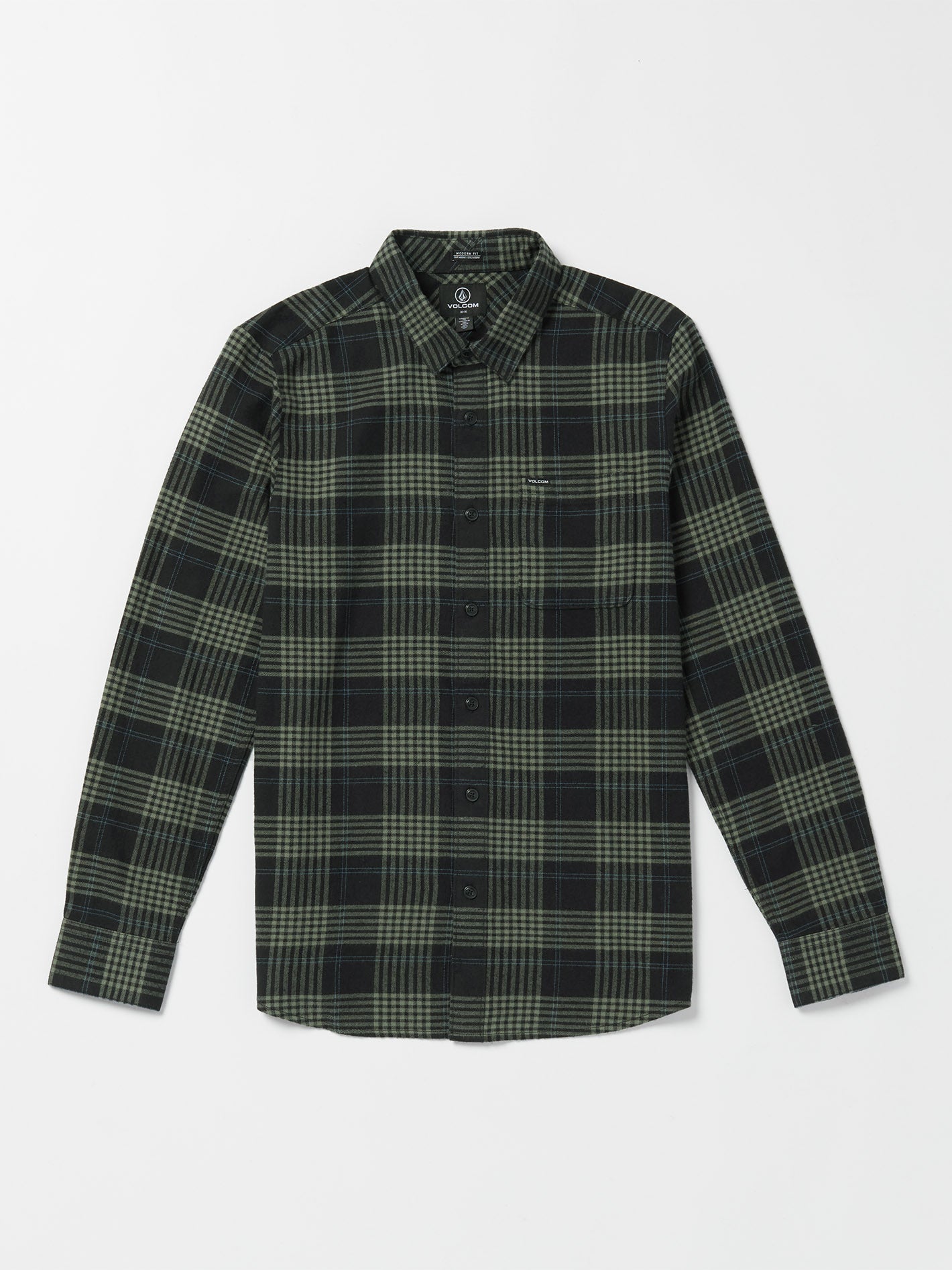 Close-up of Caden Plaid L/S Woven Dark Olive L/S Woven showing Black and olive plaid woven shirt with button front closure