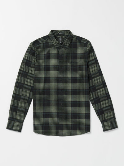Close-up of Caden Plaid L/S Woven Dark Olive L/S Woven showing Black and olive plaid woven shirt with button front closure